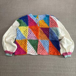 Patchwork crochet granny square sweater colorful cardigan w/ balloon sleeves Sm